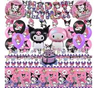 52PCS-Kuromi Birthday Party Supplies, Party Decorations Set Include Banner, Balloons, Hanging Swirls, Cake Cupcake Toppers, Tablecloth for Girls Kuromi Theme Party..