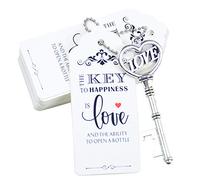 52pcs Love Heart Vintage Skeleton Key Bottle Openers Wedding Favors Silver | Guest Souvenir Gift Set with Escort Thank You Tag Card,Keychain for Party Decoration,Wedding Accessories