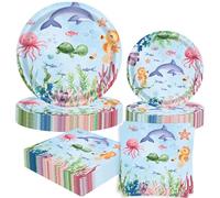 52PCS Ocean Plates and Napkins Under The Sea Decorations for 16 Guests Dinner Desserts Plates Sea Animal Underwater Beach Pool Summer Baby Shower Birthday Party Supplies Photo Booth Props