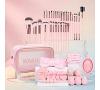 52PCS Pink Makeup Brushes, Travel Makeup Brushes Set with Toiletry Bag & Makeup Sponges, Makeup Brush Set Professional for Foundation Powder Concealers Eyeshadows Blush, Make Up Kits Women