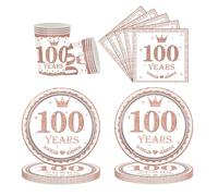 52Pcs Rose Gold Tableware Set for 100th Birthday Table Decor - Paper Napkins, Cups, Plates - Women's Birthday Party Supplies