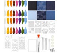 52PCS Sashiko Stencils and Templates with Multicolor Threads, Needles, Silver Thimble, Denim Fabric and Water-Soluble Pattern Sheets for Embroidery, Stitching, Mending and Sewing