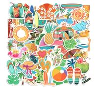 52pcs Summer Tropical Stickers, Cute Beach Label for Water Bottles Scrapbook, Fun Waterproof Hawaii Luau Holiday Vacation Decal, Happy Summer Themed Party Supplies Decorations for Kids Adults