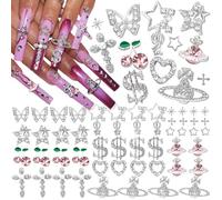 52pcs Y2K Nail Charms and Gems Butterfly Star Silver Heart Cross Money Decoration for Acrylic Design Cherry Gemstones Jewels for Nails Art Supplies