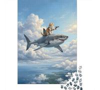 52x38cm/1000pcs 1000 Piece Jigsaw, Cat Riding A Shark in The Sky
