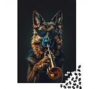 52x38cm/1000pcs 1000 Piece Jigsaw, German Shepherd Jazz Trumpet Player | For a patient pastime: Adult jigsaw puzzle with 1000 pieces offers a rewarding way to unwind at home.
