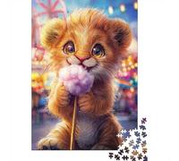 52x38cm 1000pcs Cute Lion Cub with Cotton Candy_2 Jigsaw Puzzle, 1000 Piece