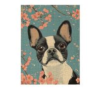 52x38cm/1000pcs Jigsaw Puzzles for Adults Boston Terrier with Cherry Blossoms Art Boston Terrier Art Puzzles for Adults Family Games Wall Decoration Parent-child Interaction 52x38cm/1000pcs