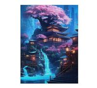 52x38cm/1000pcs Jigsaw Puzzles for Adults Neon Waterfall Temple Puzzles for Adults Hands-on Game Perfect Decoration Unique Gifts for Birthday And Christmas 52x38cm/1000pcs