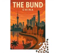 52x38cm/1000pcs, Picture Puzzle, 1000 Pieces, Vintage Travel The Bund China Cityscape