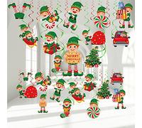 53 Pcs Christmas Hanging Swirls Decorations Christmas Candy Gingerbread Man Elves Truck Red Cardinals Christmas Ceiling Decor Ornaments for Christmas Tree Xmas Holiday Party Supplies (Elf)