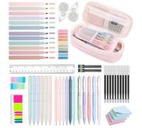 53 PCS School Stationery Supplies with Large Pencil Case, 6 ColorfuI Ballpoint Pens, 12 Pastel Highlighters, 5 Black Ink Gel Pens, 6 Mechanical Pencils 0.5-0.7mm College Student Essentials and So On,