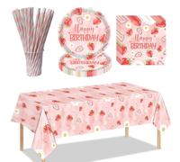 53 Pcs Strawberry Decorations pink party tableware, pink paper plates, Strawberry Birthday Decorations for Birthday Summer Fruit Party 1st Party with Supplies Paper Plate Napkin Tablecloth Straw