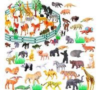 53 Pieces Animal Figures Toy Set - Plastic Educational Jungle Animal Toys for Boys Girls Kids Toddlers Farm Small Animals. Includes 32 Mini Animal Figures,16 Fences, 4 Grass and 1 Trees