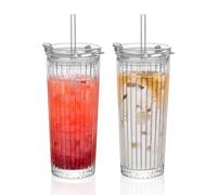 530ml (18oz) Ribbed Iced Coffee Glass with Straw & Lid - Reusable Drinking Cup for Hot & Cold Drinks - Leak-Proof Tumbler for Smoothies, Tea & More