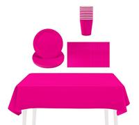53P Solid Color Hot Pink Tableware Set Decor,20 Paper Napkins 16 Cups Plates in Pink,1P Large Plastic Tablecloth Disposable Dinnerware Kit for Him Her Men Women Adults Kids Party Dinnerware Supply