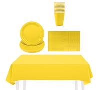 53P Solid Color Yellow Tableware Set Decor,20 Paper Napkins 16 Cups Plates in Yellow,1P Large Plastic Tablecloth Disposable Dinnerware Kit for Him Her Men Women Adults Kids Party Dinnerware Supply