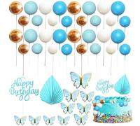 53Pcs Balls Cake Topper Decorations, XingyLi Blue Gold Mini Balloons Cupcake Toppers with Palm Fans, Butterfly and Happy Birthday Cake Insert, Foam Ball Cake Picks for Birthday Wedding Baby Shower