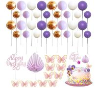 53Pcs Balls Cake Topper Decorations, XingyLi Purple Gold Mini Balloons Cupcake Toppers with Palm, Butterfly and Happy Birthday Cake Insert, Foam Ball Cake Picks for Birthday Wedding Baby Shower Party