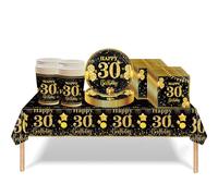53Pcs Black Gold 30th Birthday Party Tableware Decorations - Table Cloth, Plates, Napkins, Cups Sets for Women, Him, Men - Birthday Table Decor and Gifts Dinnerware