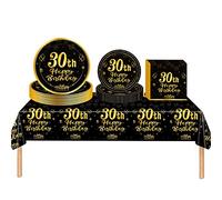 53Pcs Black Gold 30th Happy Birthday Party Tableware Decorations for Him Plastic Table Cloth,7,9inch Paper Plates,Napkins for Men Birthday Table Party Tableware Set for Men Adults Birthday Party
