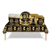 53Pcs Black Gold 40th Birthday Party Tableware Decorations, Table Cloth Plates Napkins Cups Sets for Women Him Men Birthday Table Decor Gifts Dinnerware