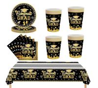 53Pcs Black Gold Graduation Tableware Kit for 16 Guest,2025 Graduate Paper Tableware 16 Plates,16 Paper Cups 20 Napkin and Tablecloth in Black Gold Graduation Dinnerware Set for Grad Party Decoration