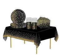 53PCS Black & Golden Dot Tableware Decorations - Disposable Party Set for Birthday & Wedding - Includes Table Cloth, Plates, Cups & Napkins