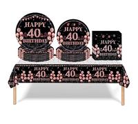 53Pcs Black Rose Gold 40th Happy Birthday Party Tableware Decorations for Her Plastic Table Cloth,7,9inch Paper Plates,Napkins for Women Birthday Table Party Tableware Set for Girls Women Adults