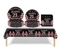 53PCS Black Rose Happy 21st Birthday Party Tableware Decorations for Girls Birthday,Disposable Party Tableware Set Black Rose 21st Table Cloth,7inch,9inch Paper Plates,Napkins for Girl,Her Dinnerware