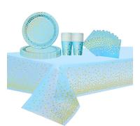 53PCS Blue and Golden Dot Party Tableware Decorations for Birthday,Disposable Party Tableware Set Dot Table Cloth Paper Plates 7inch,Cups,Napkins,for Birthday Wedding Dinnerware