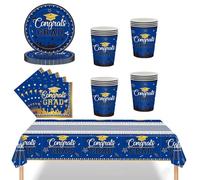 53Pcs Blue Graduation Tableware Kit for 16 Guest,2025 Graduate Paper Tableware 16 Plates,16 Paper Cups 20 Napkin and Tablecloth in Blue,Graduation Dinnerware Set for Grad Party Decor Supplies