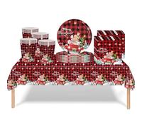 53pcs Christmas Party Tableware Decorations Set,The Red Checkered Pattern Xmas Disposable Dinnerware Set with Plastic Tablecloth,Paper 7inch Plates Napkins Cups for Christmas Party Table Decorations