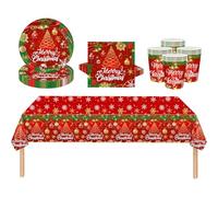 53Pcs Christmas Party Tableware Set for Table Decor, Red Green 137x274cm Large Plastic Tablecloth Christmas Red Party Paper Plates Cups Napkins Dinnerware Set for Xmas Favor Tableware