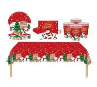 53Pcs Christmas Party Tableware Set for Table Decor,Snowman Santa Penguin 137x274cm Large Plastic Tablecloth Christmas Party Paper Plates Cups Napkins Dinnerware Set for Xmas Favor Tableware