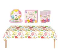 53Pcs Easter Party Tablecloth, Cups, Plates, and Napkins - Disposable Bunny Egg Decorations for Picnic, Kids Wedding, or Birthday Celebrations