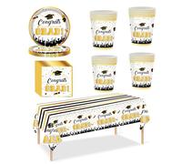 53Pcs Gold Graduation Tableware Kit for 16 Guest,2025 Graduate Papers Tableware 16 Paper Plates,16 Paper Cups 20 Napkin and Tablecloth in Gold,Graduation Dinnerware Set for Grad Party Decor Supply