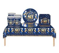 53Pcs Navy Blue Happy 80th Birthday Party Tableware Plastic Table Cloth,Paper Plates,Napkins and Cups for Man Birthday Table Decorations Disposable Party Tableware Set for Adults Birthday Party