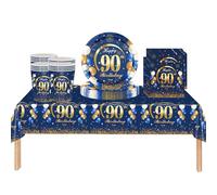 53Pcs Navy Blue Happy 90th Birthday Party Tableware Plastic Table Cloth,Paper Plates,Napkins and Cups for Man Birthday Table Decorations Disposable Party Tableware Set for Adults Birthday Party