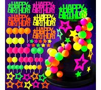 53pcs Neon Cake Decorations Glow Cake Toppers with Ball Star and Happy Birthday Toppers UV Reactive for Glow in the Dark Neon Black Light Party Birthday Decorations