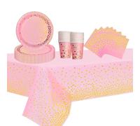 53PCS Pink and Golden Dot Party Tableware Decorations for Birthday,Disposable Party Tableware Set Dot Table Cloth Paper Plates 7inch,Cups,Napkins,for Birthday Wedding Dinnerware