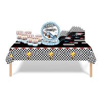 53Pcs Racing Black and White Checkered Tableware Decorations Set, Car Boys Champions Table Cloth, Plates, Napkins, Cups for Birthday Race Car Party Decor
