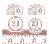 53Pcs Rose Gold 21st Happy Birthday Party Tableware Decorations for Her Plastic Table Cloth,7,9inch Paper Plates,Napkins for Women Birthday Table Party Tableware Set for Girls Women Adults