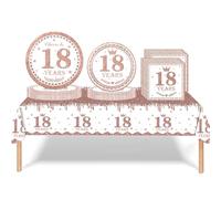 53Pcs Rose Gold Happy 18th Birthday Party Tableware Set - Plastic Table Cloth, Paper Plates, Napkins, Decorations Kit for Women Girl Her - Disposable Table Decorations
