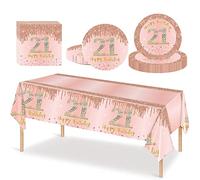 53Pcs Rose Gold Happy 21st Birthday Party Tableware Plastic Table Cloth,7,9inch Paper Plates,Napkins for Her Birthday Table Decorations Disposable Party Tableware Set for Girls Women Birthday Party
