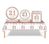 53Pcs Rose Gold Happy 21st Birthday Party Tableware Set Plastic Table Cloth,Paper Plates Napkins 21st Birthday Table Decorations Disposable Tableware Kit for Women Girl Her 21st Birthday Decorations