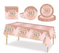 53Pcs Rose Gold Happy 30th Birthday Party Tableware Plastic Table Cloth,7,9inch Paper Plates,Napkins for Her Birthday Table Decorations Disposable Party Tableware Set for Women Adults Birthday Party