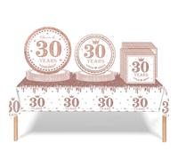 53Pcs Rose Gold Happy 30th Birthday Party Tableware Set - Plastic Table Cloth, Paper Plates, Napkins, Disposable Tableware Kit for Women's 30th Birthday Decorations