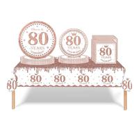 53Pcs Rose Gold Happy 80th Birthday Party Tableware Set - Plastic Table Cloth, Paper Plates, Napkins - Birthday Table Decorations Disposable Kit for Women Girl Her