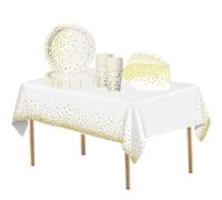 53PCS White & Golden Dot Party Tableware Decorations - Disposable Tableware Set for Birthday & Wedding Parties - Includes Table Cloth, Paper Plates (7inch), Cups, Napkins